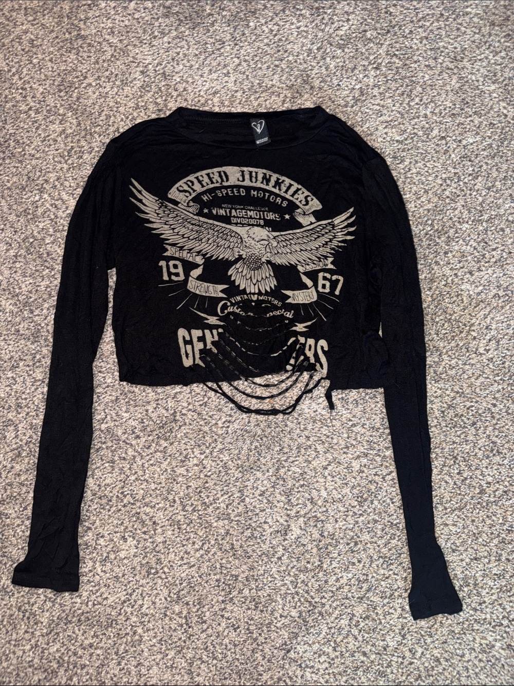 Black Graphic Long-Sleeve Crop Top with Distressed Front